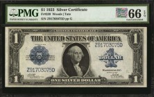 Silver Certificates
Fr. 239. 1923 $1 Silver Certificate. PMG Gem Uncirculated 66 EPQ.
Deep overprint embossing adds to the overall appeal of this hi...