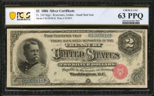 Silver Certificates
Fr. 240. 1886 $5 Silver Certificate. PCGS Banknote Choice Uncirculated 63.
Small red seal. A popular fancy back $2 Silver Certif...