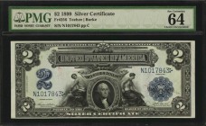 Silver Certificates
Fr. 256. 1899 $2 Silver Certificate. PMG Choice Uncirculated 64 EPQ.
Boldly embossed overprint inks and vividly printed engraved...