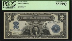 Silver Certificates
Fr. 257. 1899 $2 Silver Certificate. PCGS Currency Choice About New 55 PPQ.
Bright paper along with dark blue overprints and app...