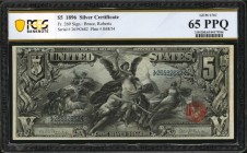 Silver Certificates
Fr. 269. 1896 $5 Silver Certificate. PCGS Banknote Gem Uncirculated 65 PPQ.
A striking high end Gem Educational Five Dollar Silv...