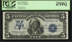 Silver Certificates
Fr. 275. 1899 $5 Silver Certificate. PCGS Currency Superb Gem New 67 PPQ.
A design which always impresses in high end Gem grades...