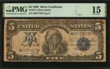 Silver Certificates
Fr. 279. 1899 $5 Silver Certificate. PMG Choice Fine 15.
An evenly circulated Chief that is considered one of the "personality" ...