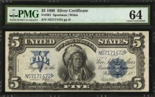 Silver Certificates
Fr. 281. 1899 $5 Silver Certificate. PMG Choice Uncirculated 64.
Bright paper, appealing margins and dark blue overprints stand ...