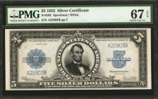 Silver Certificates
Fr. 282. 1923 $5 Silver Certificate. PMG Superb Gem Uncirculated 67 EPQ.
A tremendous large size note which is one of the few ab...