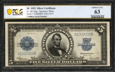 Silver Certificates
Fr. 282. 1923 $5 Silver Certificate. PCGS Banknote Choice Uncirculated 63. 1 Million Serial Number.
This incredible $5 Porthole ...