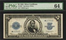 Silver Certificates
Fr. 282*. 1923 $5 Silver Certificate Star Note. PMG Choice Uncirculated 64.
This note is a truly incredible piece which has than...