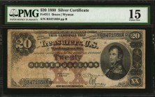 Silver Certificates
Fr. 311. 1880 $20 Silver Certificate. PMG Choice Fine 15.
One of the great early U.S. Type notes, boldly designed with the almos...