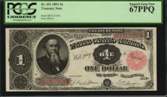 Treasury Note
Fr. 351. 1891 $1 Treasury Note. PCGS Currency Superb Gem New 67 PPQ.
This Stanton Ace is found in a remarkable Superb Gem New grade wi...