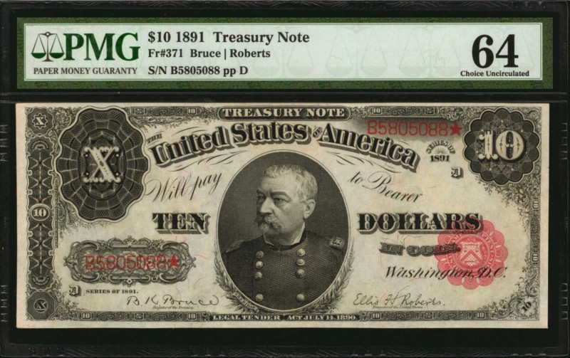 Treasury Note
Fr. 371. 1891 $10 Treasury Note. PMG Choice Uncirculated 64.
A s...