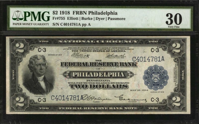 Federal Reserve Bank Notes
Fr. 755. 1918 $2 Federal Reserve Bank Note. Philadel...