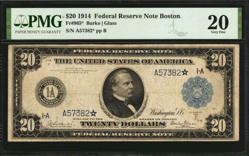 Federal Reserve Notes
Fr. 965*. 1914 $20 Federal Reserve Star Note. Boston. PMG...