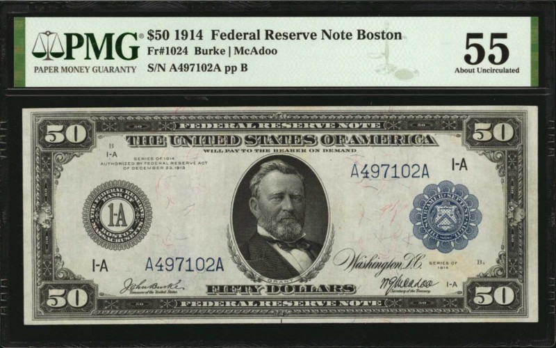 Federal Reserve Notes
Fr. 1024. 1914 $50 Federal Reserve Note. Boston. PMG Abou...