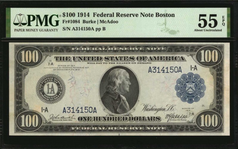 Federal Reserve Notes
Fr. 1084. 1914 $100 Federal Reserve Note. Boston. PMG Abo...