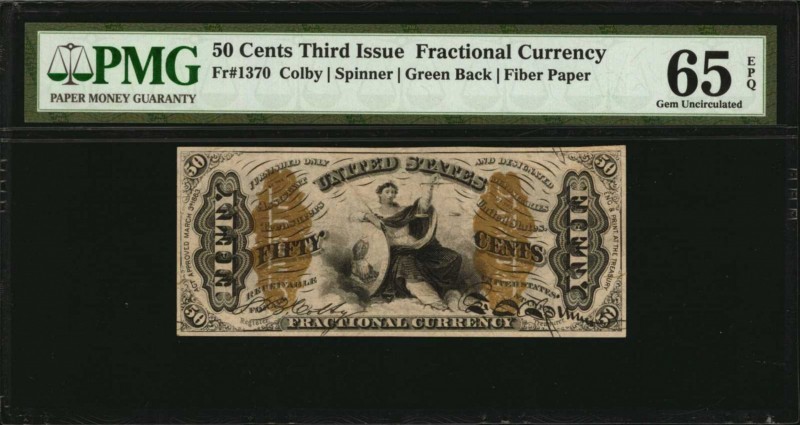 Third Issue
Fr. 1370. 50 Cent. Third Issue. PMG Gem Uncirculated 65 EPQ.
An ex...