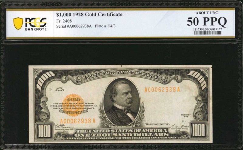 Gold Certificates
Fr. 2408. 1928 $1000 Gold Certificate. PCGS Banknote About Un...