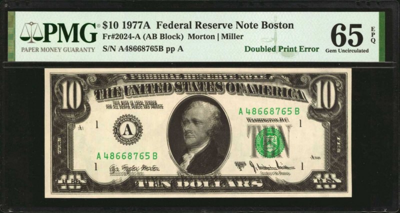 Doubled Face Printing
Fr. 2024-A. 1977A $10 Federal Reserve Note. Boston. PMG G...