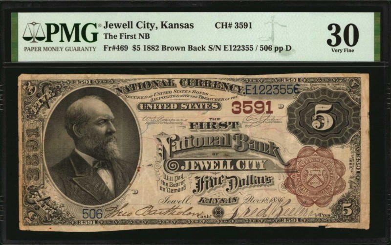 Kansas
Jewell City, Kansas. $5 1882 Brown Back. Fr. 469. The First NB. Charter ...