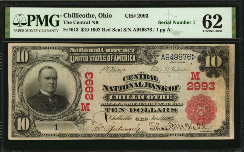 Ohio
Chillicothe, Ohio. $10 1902 Red Seal. Fr. 613. The Central NB. Charter #29...