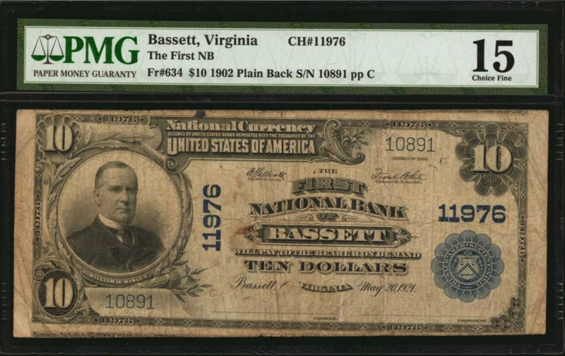 Virginia
Bassett, Virginia. $10 1902 Plain Back. Fr. 634. The First NB. Charter...