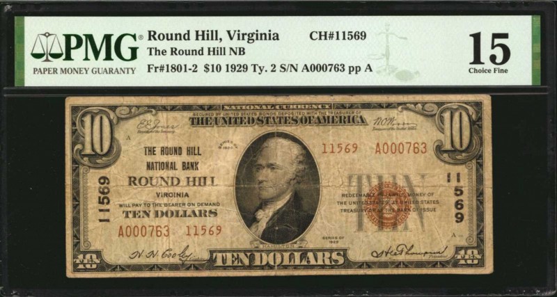 Virginia
Round Hill, Virginia. $10 1929 Ty. 2. Fr. 1801-2. The Round Hill NB. C...