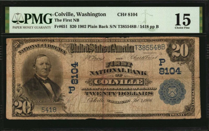 Washington
Colville, Washington. $20 1902 Plain Back. Fr. 651. The First NB. Ch...