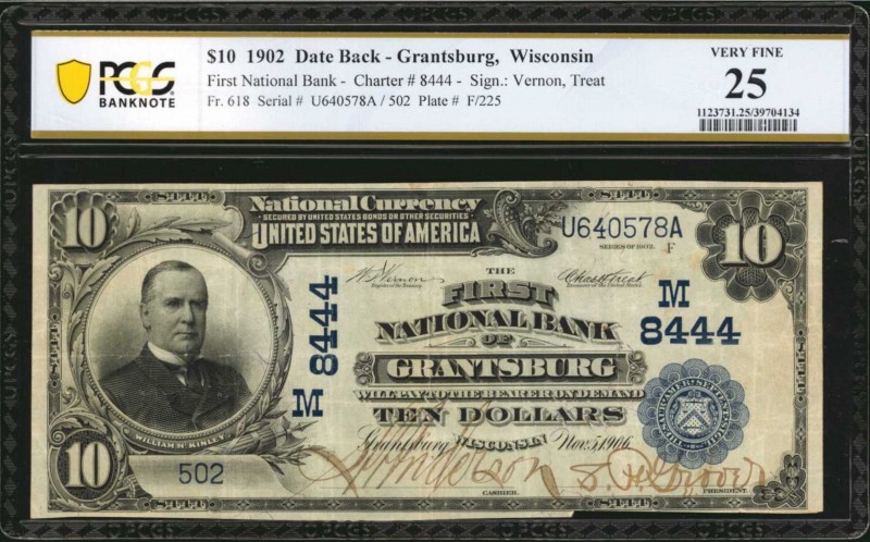 Wisconsin
Grantsburg, Wisconsin. $10 1902 Date Back. Fr. 618. The First NB. Cha...