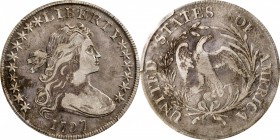 Draped Bust Silver Dollar
1797 Draped Bust Silver Dollar. BB-71, B-3. Rarity-2. Stars 10x6. VF-25 (PCGS).
Marbled shades of olive-gold and pinkish t...