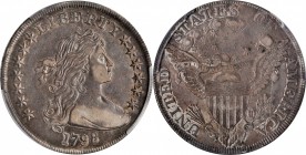 Draped Bust Silver Dollar
1798 Draped Bust Silver Dollar. Heraldic Eagle. BB-115, B-31a. Rarity-5. Pointed 9, Close Date. EF-45 (PCGS).
Warmly patin...