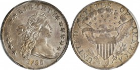 Draped Bust Silver Dollar
1798 Draped Bust Silver Dollar. Heraldic Eagle. BB-125, B-8. Rarity-2. Pointed 9, 4 Berries. AU-50 (PCGS).
A blush of irid...