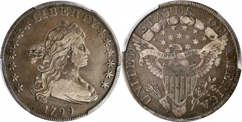 Draped Bust Silver Dollar
1799 Draped Bust Silver Dollar. BB-160, B-12a. Rarity...