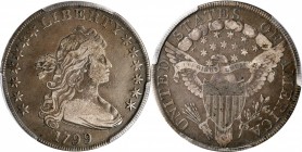 Draped Bust Silver Dollar
1799 Draped Bust Silver Dollar. BB-160, B-12a. Rarity-3. Fine-15 (PCGS).
A warmly and evenly toned example awash in medium...