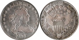 Draped Bust Silver Dollar
1799 Draped Bust Silver Dollar. BB-162, B-6. Rarity-4. Fine-15 (PCGS). OGH.
Warmly toned in medium steel-gray, both sides ...