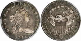 Draped Bust Silver Dollar
1799 Draped Bust Silver Dollar. BB-164, B-17a. Rarity-2. VF-30 (PCGS).
A boldly toned example awash in various shades of l...
