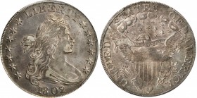 Draped Bust Silver Dollar
1802/1 Draped Bust Silver Dollar. BB-234, B-3. Rarity-3. Wide Date. AU-53 (PCGS).
The golden-bronze and steely-blue toning...