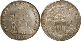 Draped Bust Silver Dollar
1803 Draped Bust Silver Dollar. BB-255, B-6. Rarity-2. Large 3. EF Details--Cleaned (PCGS).
Faint hairlines are noted in t...