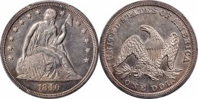 Liberty Seated Silver Dollar
1846 Liberty Seated Silver Dollar. OC-1. Rarity-1. Repunched Date. AU-58 (PCGS).
Lightly toned in iridescent champagne-...