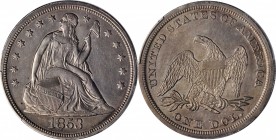 Liberty Seated Silver Dollar
1853 Liberty Seated Silver Dollar. OC-1. Top 30 Variety. Rarity-2. Chin Whiskers. AU Details--Cleaned (PCGS).
The 1853 ...