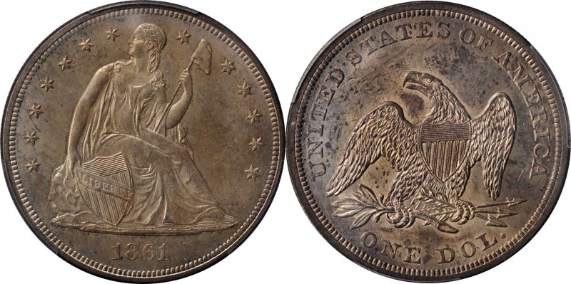 Liberty Seated Silver Dollar
1861 Liberty Seated Silver Dollar. OC-1. Rarity-5+...