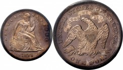 Liberty Seated Silver Dollar
1866 Liberty Seated Silver Dollar. Motto. Proof-64 Cameo (PCGS).
Lovely iridescent toning in champagne-pink adorns both...