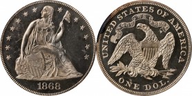 Liberty Seated Silver Dollar
1868 Liberty Seated Silver Dollar. OC-P2. Rarity-3+. Proof-64 Cameo (PCGS).
Overall brilliant with just a tinge of gold...