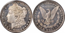 Morgan Silver Dollar
1880 Morgan Silver Dollar. Proof-65 Cameo (PCGS).
Glassy fields support frosty design elements on both sides of this lightly to...
