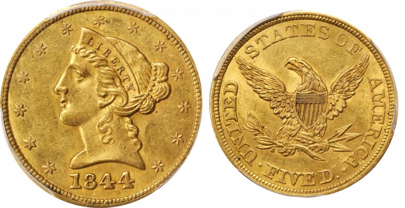 Liberty Head Half Eagle
1844 Liberty Head Half Eagle. MS-62 (PCGS). CAC.
A ful...