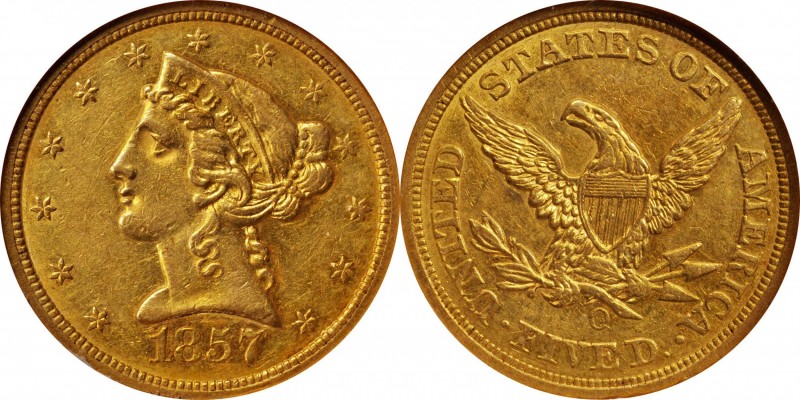 Liberty Head Half Eagle
1857-O Liberty Head Half Eagle. Winter-1, the only know...