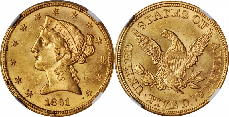 Liberty Head Half Eagle
1861 Liberty Head Half Eagle. MS-61 (NGC).
A charming ...