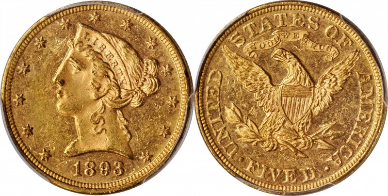 Liberty Head Half Eagle
1893 Liberty Head Half Eagle. MS-62 PL (PCGS).
An impr...