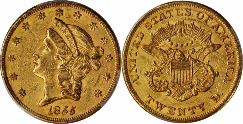 Liberty Head Double Eagle
1855 Liberty Head Double Eagle. AU-58 (PCGS).
Sharpl...