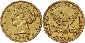 Liberty Head Half Eagle
1847-C Liberty Head Half Eagle. Winter-1. VF-35 (PCGS).
Warmly toned in olive-gold, this impressive piece offers pleasing or...