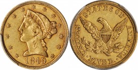 Liberty Head Half Eagle
1849 Liberty Head Half Eagle. No Hole in Earlobe. AU-53 (PCGS).
A lustrous and overall sharply defined About Uncirculated ha...