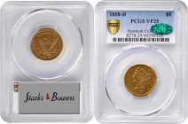 Liberty Head Half Eagle
1858-D Liberty Head Half Eagle. Winter 35-DD. Large D. VF-25 (PCGS). CAC.
This is an uncommonly original Southern gold coin ...
